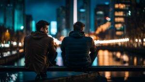 two people talking while enjoying the view of the city lights