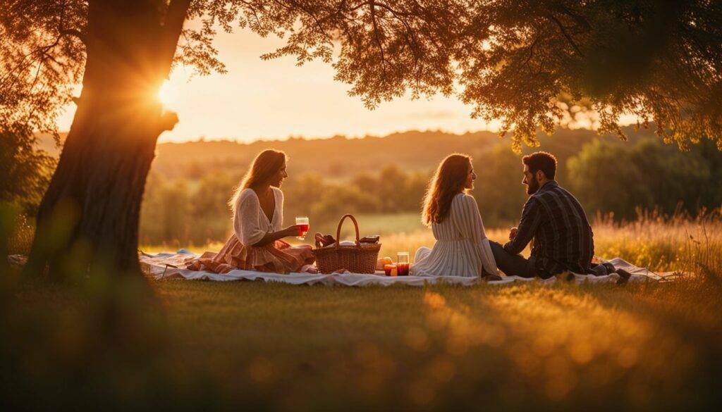friends on a picnic watching the sunset