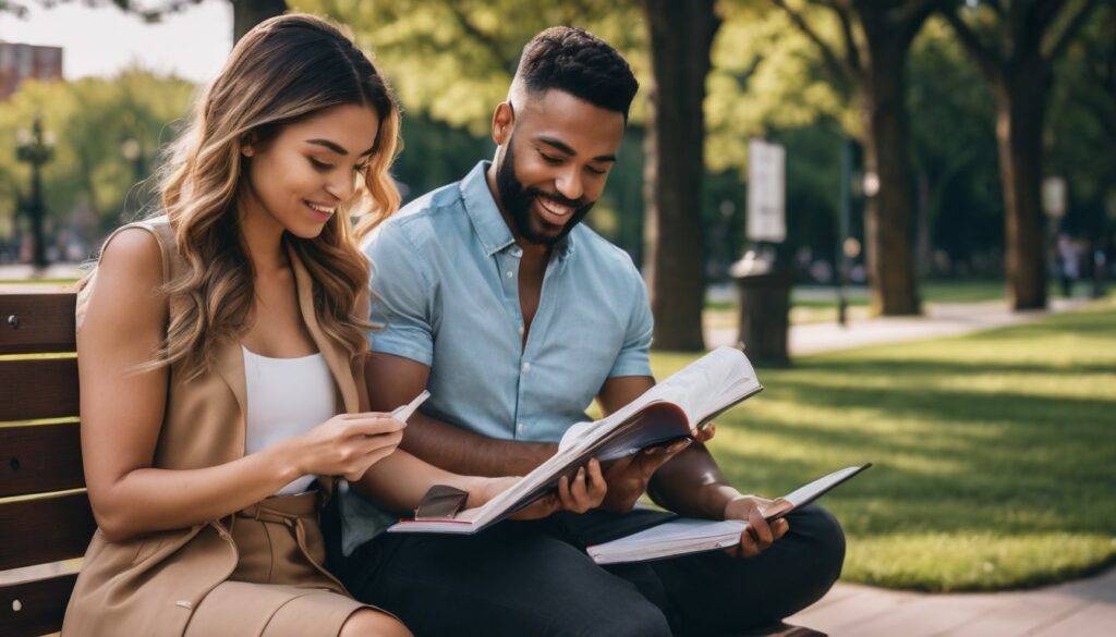 ENFP and INFP Compatibility 5 a man and a woman sitting on a park bench while reading a book