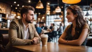 a man and a woman having a date in a coffee shop