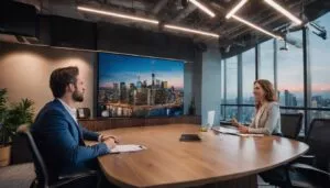two people having a meeting in a conference room