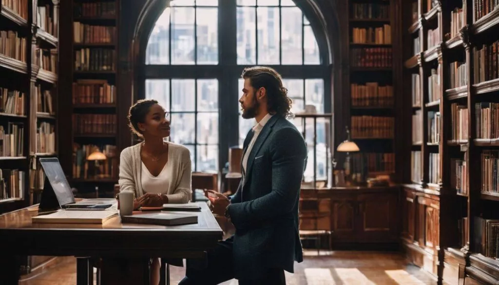 a woman talking to a man inside a library
