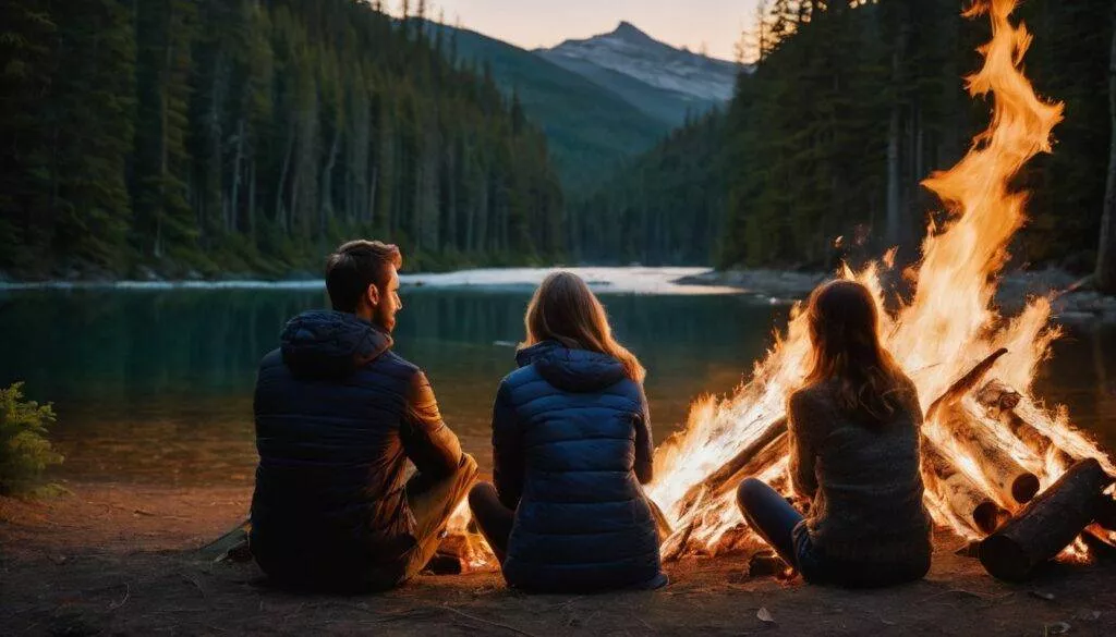 group of friends on a camping site while having a bonfire