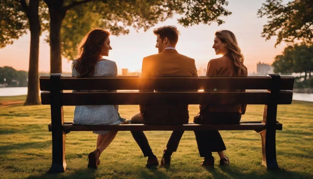 three people sitting on a bench while watching the sunset