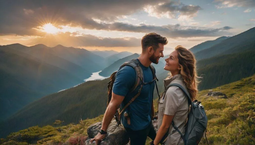 a man and a woman on top of the mountain looking at each other