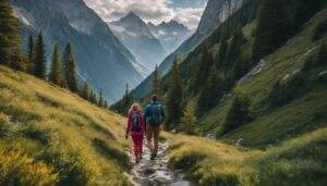 Man and woman taking a hike at high mountains