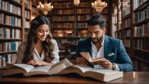 a man and a woman reading books in a library