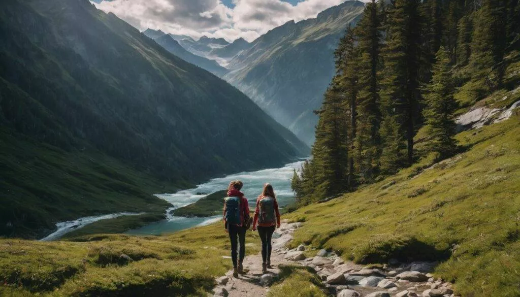 two people trekking on a beautiful
