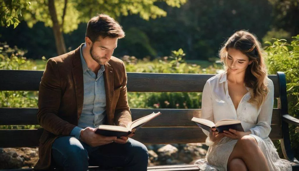 two people spending quality time while reading a book in a park