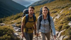 two people in full hiking gear climbing a mountain