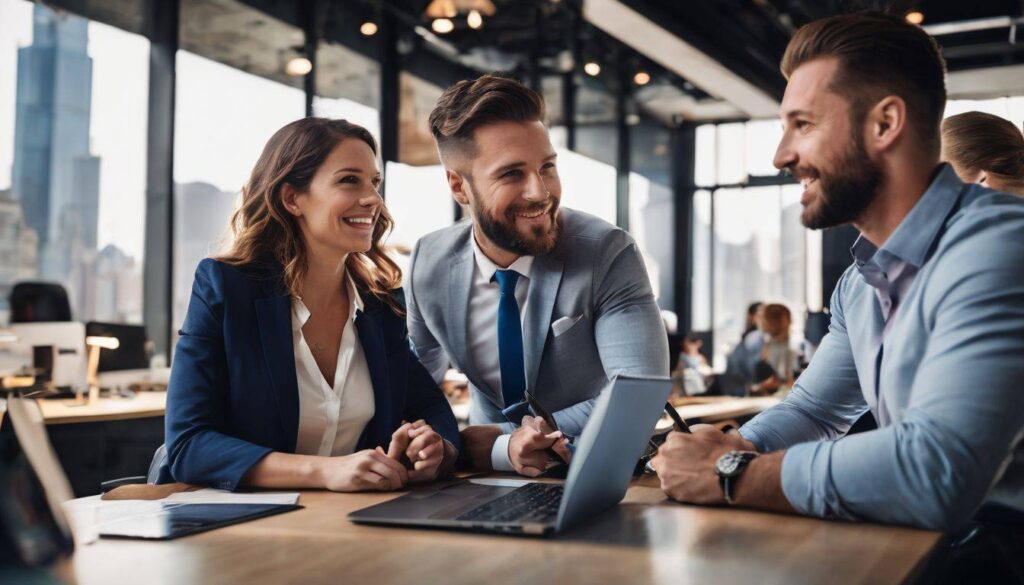 three coworkers talking to each other while in the office