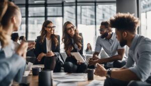 A group of people having a group meeting in office.