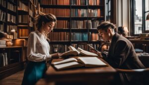 two people reading books in the library